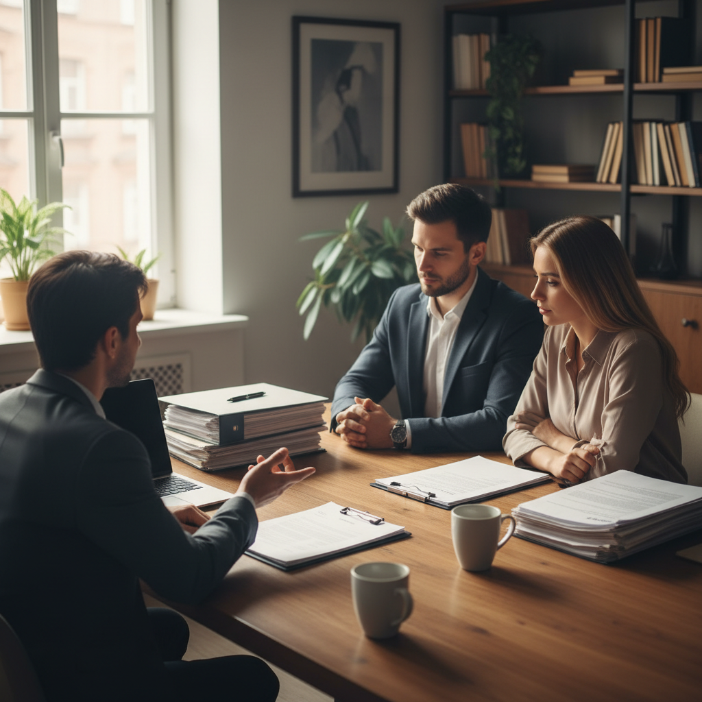 Family lawyer in consultation with clients