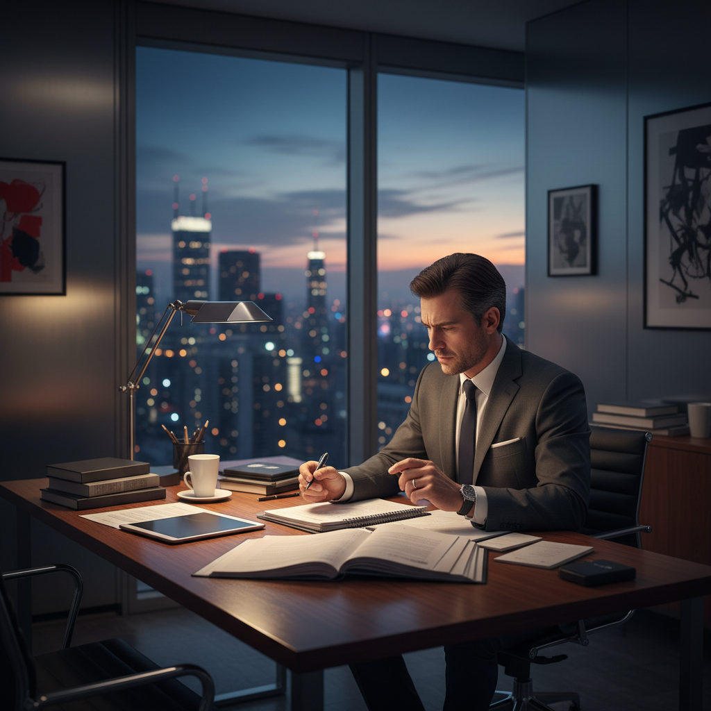 Solicitor reviewing case files at dusk
