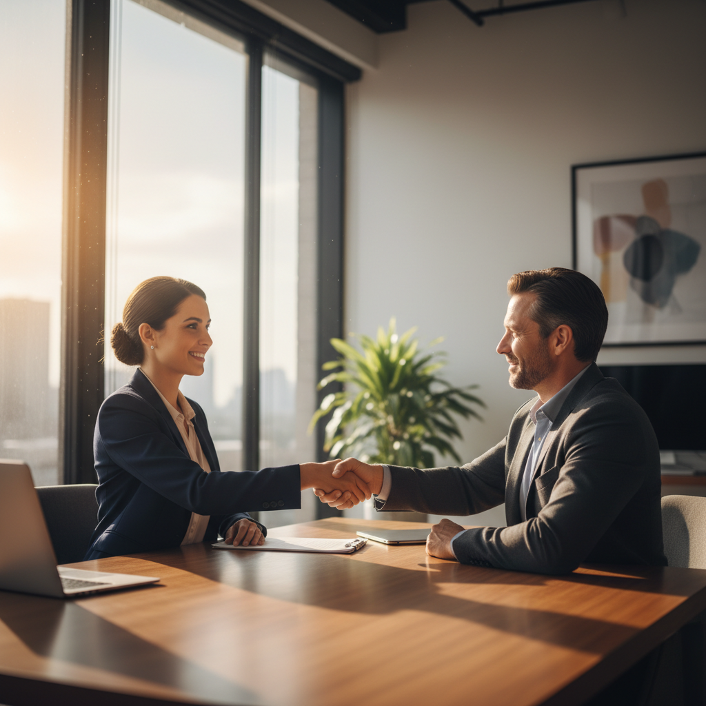 A lawyer greeting a client in a modern office